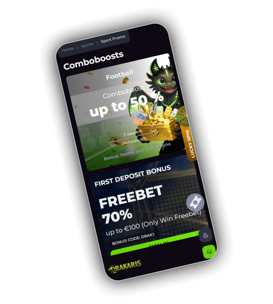 Drakaris Casino promotions screen with Comboboosts and Freebet